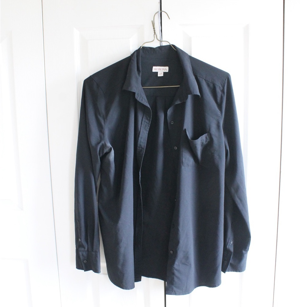 Merona Black Long Sleeve Women's Button Down Shirt Front Pocket - Picture 2 of 6
